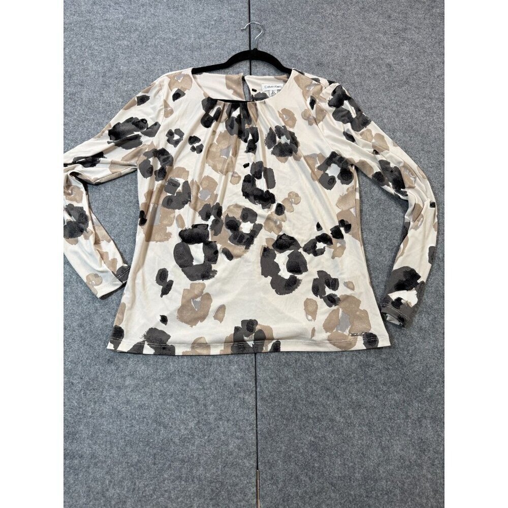 Calvin Klein Blouse Top Womens Large Beige Floral Classic Long Sleeve Round Neck